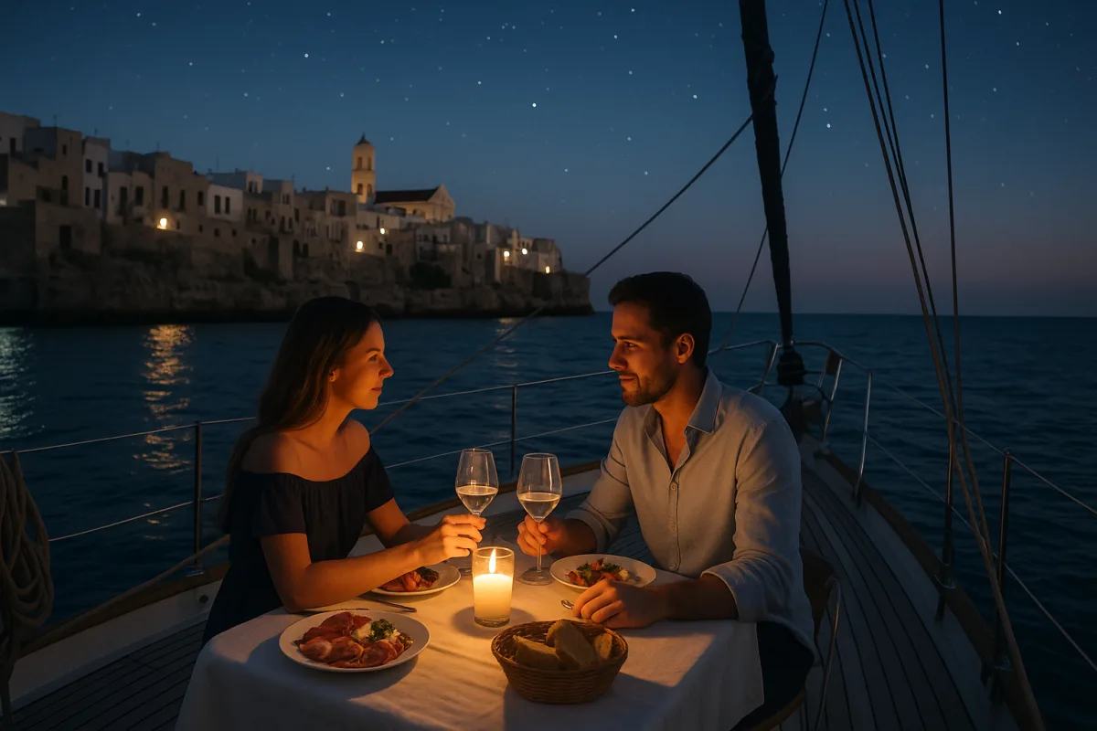 Cerchi esperienze romantiche sul mare in Puglia? Scopri la cena in barca sotto le stelle con prodotti tipici locali