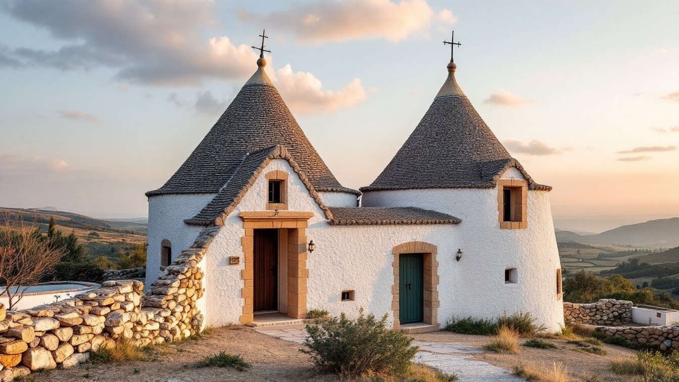 Il Trullo Sovrano di Locorotondo, unico trullo a due piani della Puglia, nella Valle d'Itria al tramonto