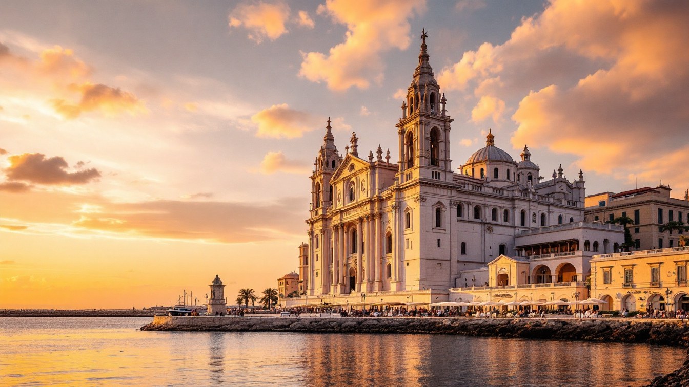 La cattedrale di Trani al tramonto, affacciata sul mare Adriatico con la facciata in pietra di Trani rosata illuminata dalla luce serale