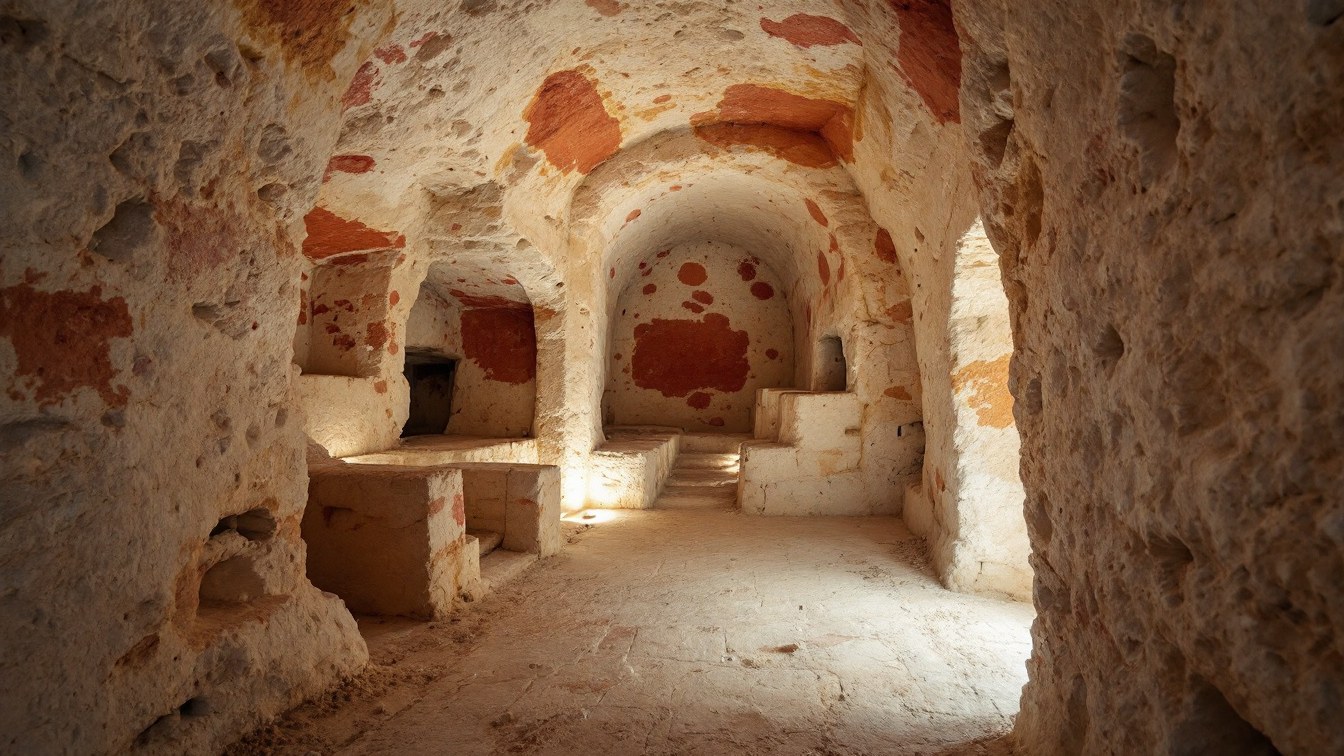 Interno di un ipogeo dauno scavato nella calcarenite di Canosa di Puglia, con tracce di decorazioni pittoriche sulle pareti
