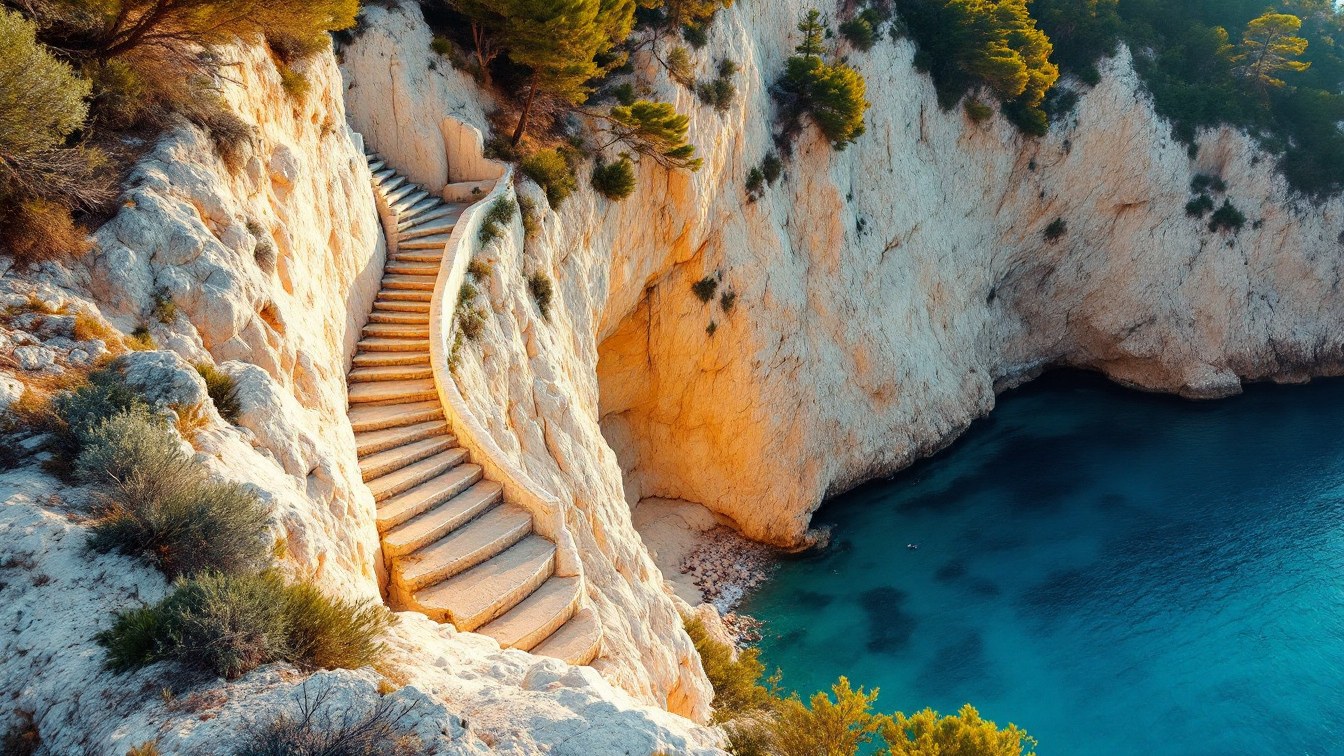 La scalinata nella roccia calcarea che scende verso Baia Zaiana, nei pressi di Peschici sul Gargano